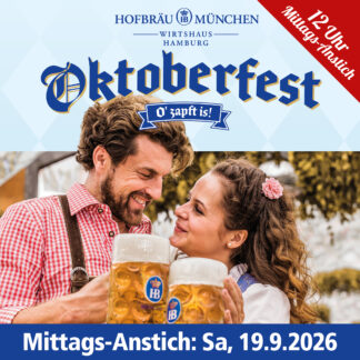 Hofbräu Wirtshaus Hamburg Oktoberfest Mittags-Anstich – Paar in Tracht stößt mit Bierkrügen an, Sa 19.9.2026 um 12 Uhr
